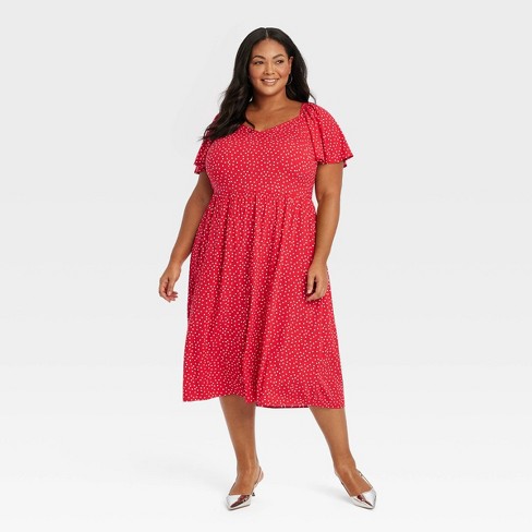 Women's Flutter Short Sleeve Midi A-line Dress - Ava & Viv™ Red Polka Dots  2x : Target