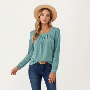 Anna-Kaci Women's Long Sleeve Square Neck Top with Front Pleat Detailing and Relaxed Fit - 1 of 4