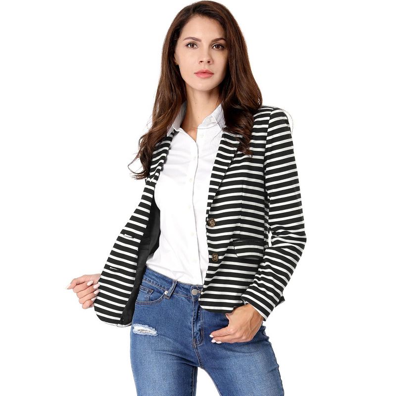 Allegra K Women's Notched Collar Long Sleeve Button Front Striped Blazers, 5 of 8