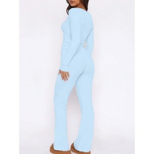 Mocamel Women's Autumn New suit Long-sleeved Buckle Solid Color Tight Top Plus Pants Two-piece Set - 1 of 4