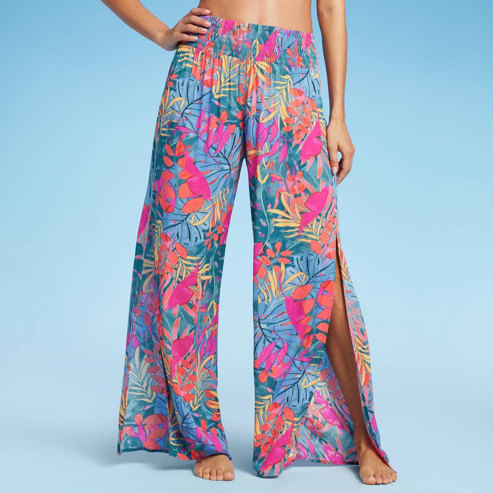 Women's Smocked Waist Side Slit Cover Up Pants - Kona Sol™ Multi Tropical Print S