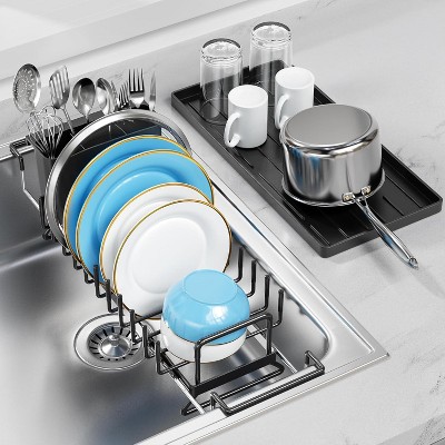 Small Dish Drying Rack in Sink, Expandable Dish Drainer with Silicone Drying Tray, Compact Dish Rack for Kitchen Counter with Utensil Holder, Black