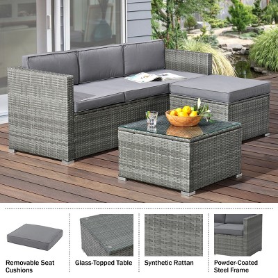 Gray 3-Piece Rattan Outdoor Sofa Set with Cushioned Ottoman and Glass-Top Table