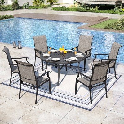 Captiva Designs 7pc Black Slatted Round Steel Table with Umbrella Hole & Grayish Brown Textilene Chairs