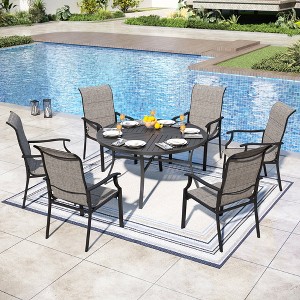 Captiva Designs 7pc Black Slatted Round Steel Table with Umbrella Hole & Grayish Brown Textilene Chairs - 1 of 4