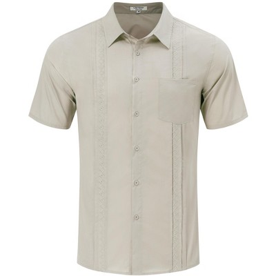 Men's Cotton Linen Shirt Short Sleeve Cuban Guayabera Casual Summer Beach Button Down Shirts With Pocket