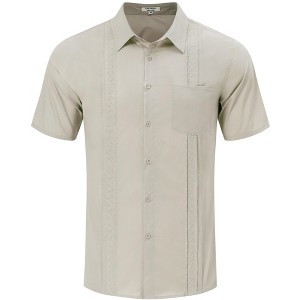 Men's Cotton Linen Shirt Short Sleeve Cuban Guayabera Casual Summer Beach Button Down Shirts With Pocket - 1 of 4