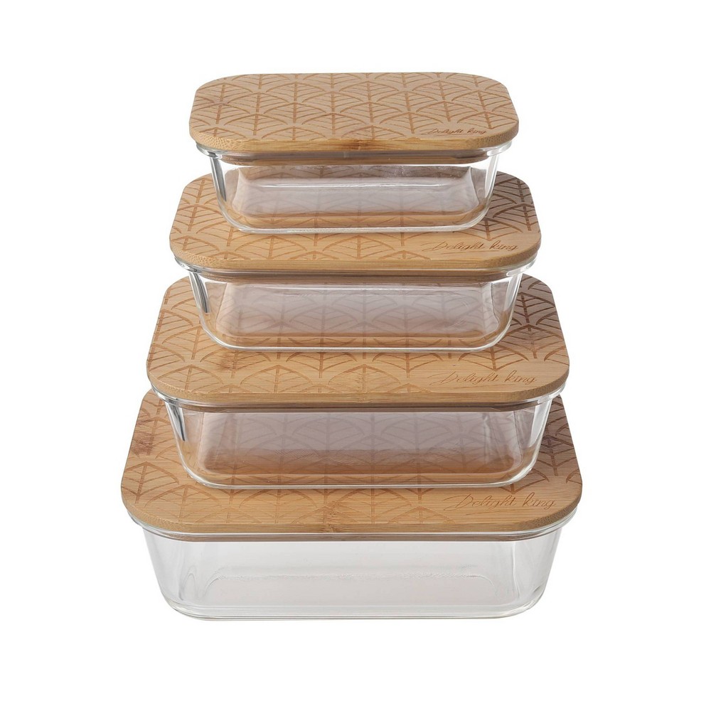 Delight King 8pc High Borosilicate Glass Food Storage Containers with Engraved Leaf Bamboo Lids