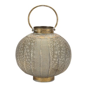 HomeRoots 12" Bronze And Green Distressed Lattice Metal Tabletop Lantern Candle Holder - 1 of 4