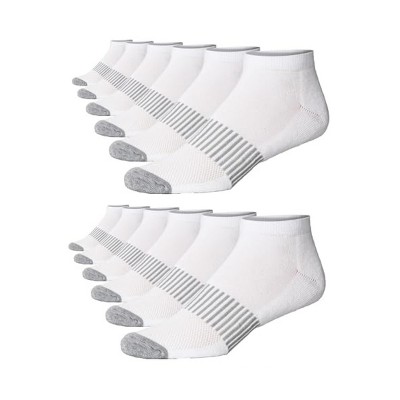 JAMES FIALLO Men's 12-Pairs Performance Athletic Plain White with Central Gray Stripes and Coordinated Toes Low Cut Sport Socks