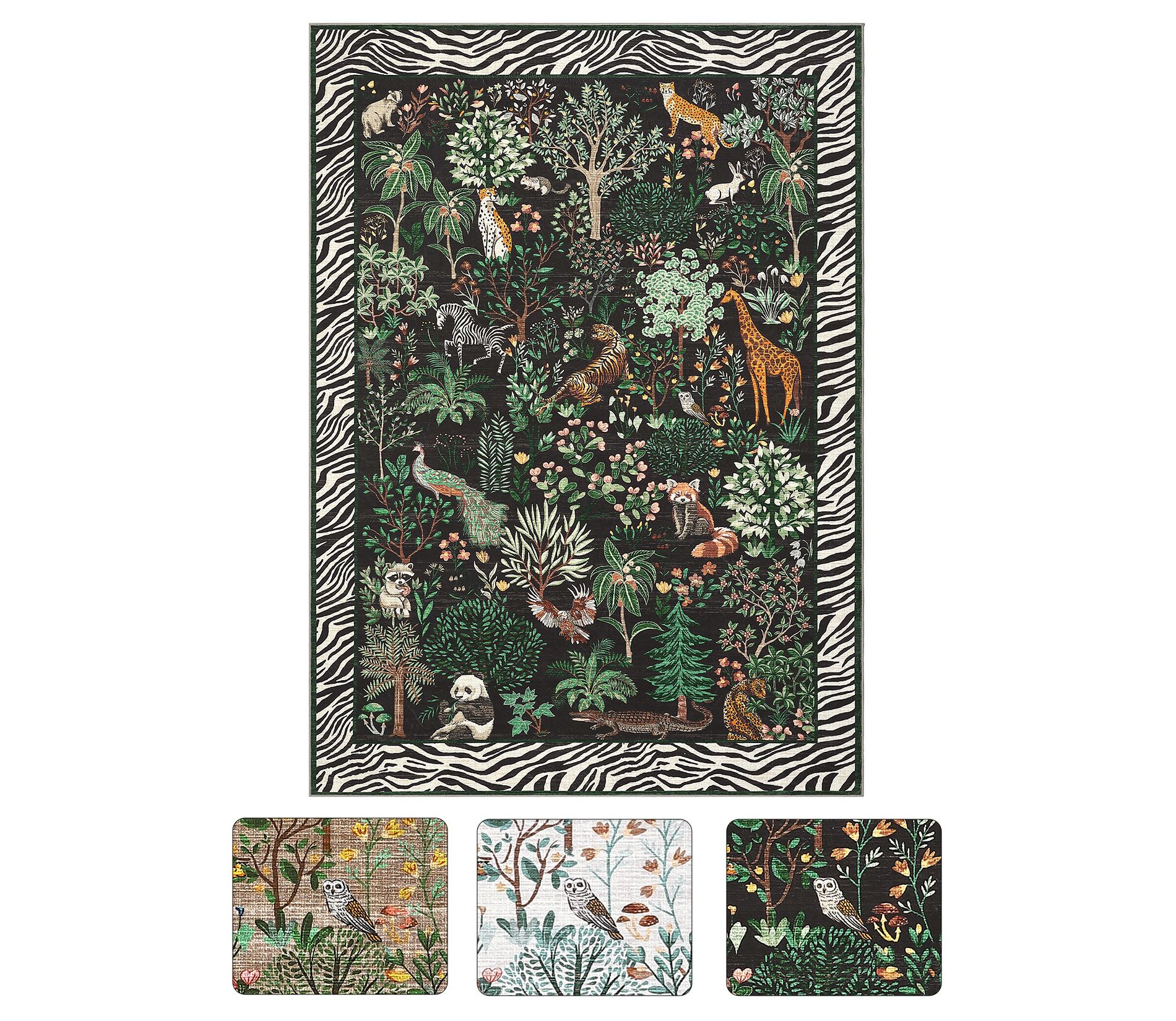 Jungle Rug 5x7 Washable Rug for Living Room, Forest Animal Carpet with Non Slip TPR Backing, Low Pile Non Shedding Soft Thin Foldable Floor Covering