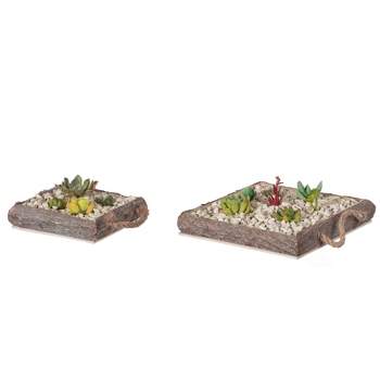 Vintiquewise Indoor and Outdoor Set of 2 Brown Vintage Bark Square Wooden Mini Flowerpot Planter