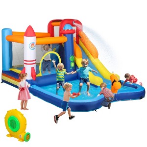 Qaba Inflatable Bounce House, Kids Water Slide with Splash Pool, Trampoline, Climbing Wall, Cannon, 5 in 1 Kids Outdoor Fun with 550W Blower - 1 of 4