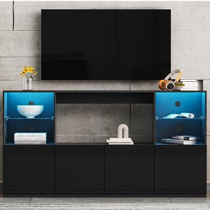 MAYEERTY High Gloss TV Stand for 75" TVs - LED Lights, Large Storage, Tempered Glass Shelves, Black, 67"W - 1 of 4