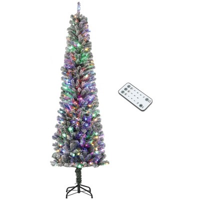 HOMCOM 7.5 ft Pre-Lit Pencil Christmas Tree, Artificial Flocked Xmas Tree with 220 Dual Color LED Lights, 519 Tips and Metal Stand, Green