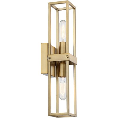 Warm Brass Rectangular Prism Wall Sconce Set with Glass Shade