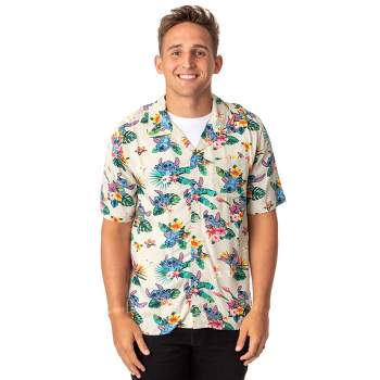 Disney Lilo And Stitch Men's Stitch Tropical Hawaiian Button Up Shirt Adult