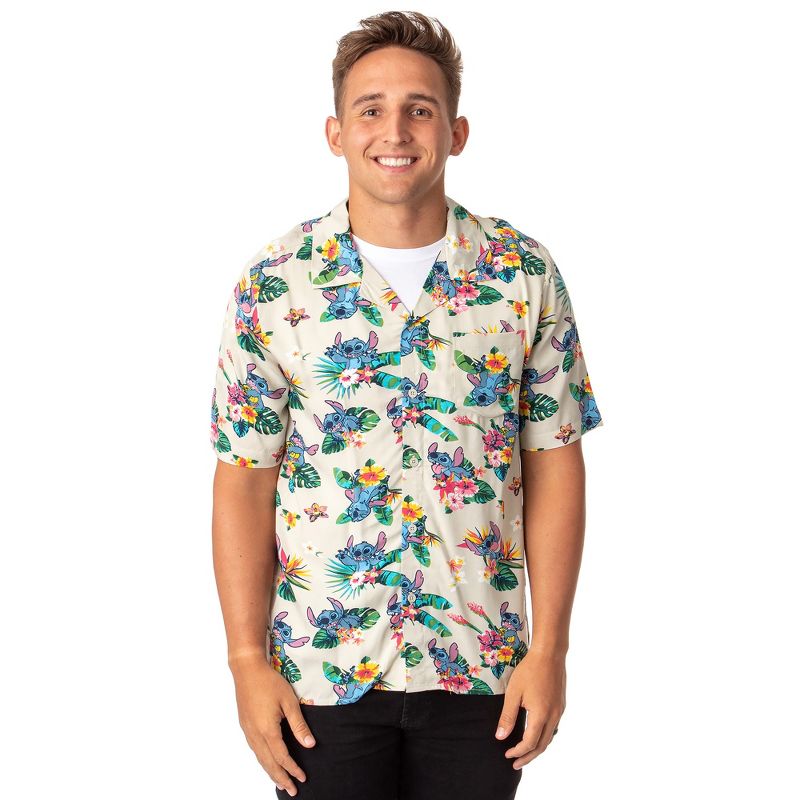 Disney Lilo And Stitch Men's Stitch Tropical Hawaiian Button Up Shirt Adult, 1 of 5