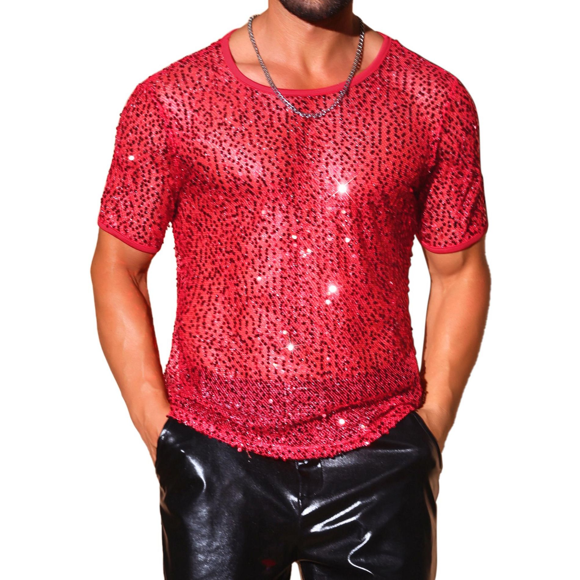 INSPIRE CHIC Men's Sparkly Sequins Short Sleeve Rave Festival See Through Mesh T-Shirt