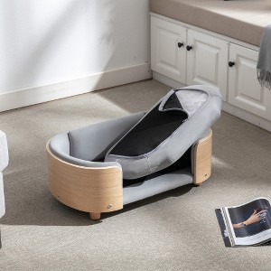 Akoasm 26.4 in. W Small Elevated Dog Bed with Solid Wood Legs, Bentwood Backrest & Velvet Cushion-Light Gray - 1 of 4