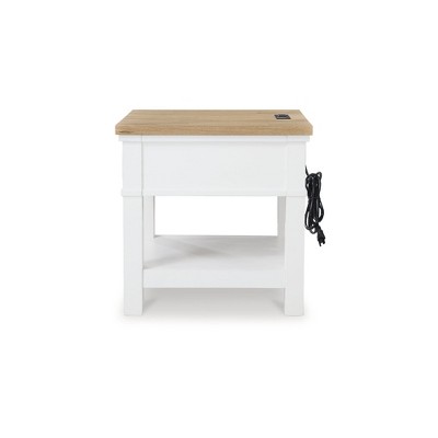 White and Light Brown Oak Veneer End Table with Storage Drawer