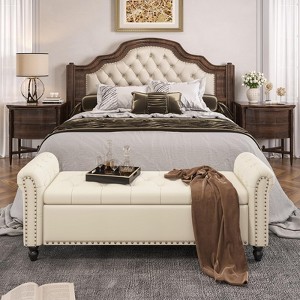 Storage Bed Bench, Faux Leather Upholstered Ottoman Foot Rest with Rolled Arms - 1 of 4