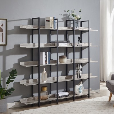 Vintage 5 Tier Industrial Bookshelves w/Metal Frame 70.8in Wide Ladder Shelf, MDF Board Industrial Style Bookcase for Bedroom Living Room, Brown