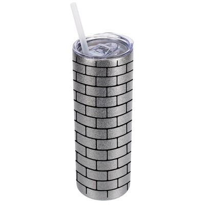 Elanze Designs Silvertone Sparkle 20 Ounce Double Wall Stainless Steel Glitter Travel Tumbler With Sliding Lid And Straw, Brick Pattern