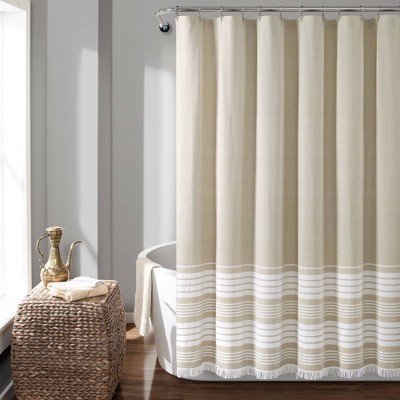 taupe and white shower curtain