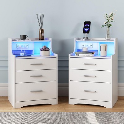LED Nightstand with Charging Station & 3 Drawers, Bed Side Table Wood End Table