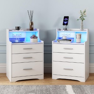 LED Nightstand with Charging Station & 3 Drawers, Bed Side Table Wood End Table - 1 of 4