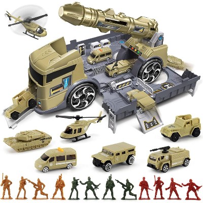 Military Transport Truck with Toy Soldiers and Rocket Car Battle Play Set for Kids 3-7