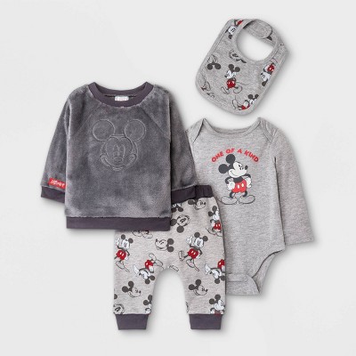 Image of Baby Boys' 4pc Mickey Mouse Long Sleeve Fleece Pullover and Jogger Set - Gray 3-6M