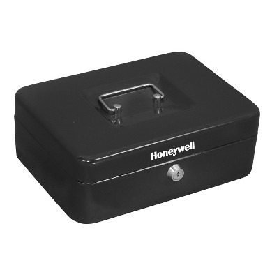 Honeywell Cash Box 816202: Steel Security Safe, Black Key Lockbox with Removable Tray, Money Safe for Cash & Valuables