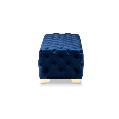 Royal Blue Velvet Tufted Ottoman with Gold Metal Legs
