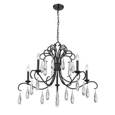 Amara Matte Black 5-Light Chandelier with Crystal Teardrops