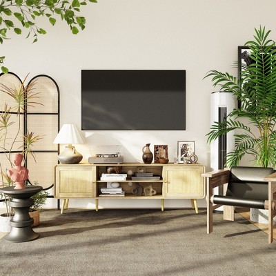 FUFU&GAGA Brown TV Cabinet with Rattan Decoration: Unique Design, Spacious Storage, Durable Build