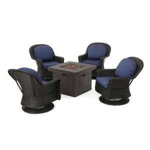 GDFStudio Assisi Outdoor Wicker 5 Piece Swivel Club Chair and Fire Pit Set with Cushions - 1 of 4