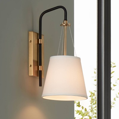 Crysta Mid-Century Brass & Black Wall Sconce with White Linen Shade