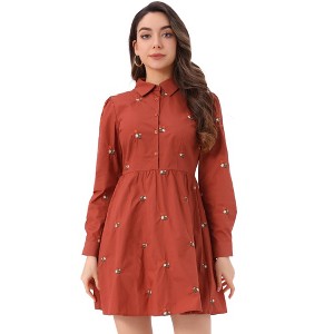 INSPIRE CHIC Women's Casual Long Sleeve Half Placket Embroidered Floral Mini Shirt Dress - 1 of 4