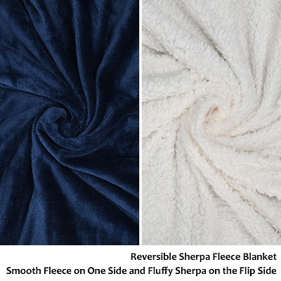 Navy Blue Reversible Sherpa Fleece Throw Blanket, 50x60 inches
