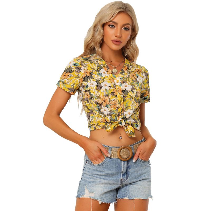Allegra K Women's Floral V Neck Hawaiian Summer Button-Down Shirt, 1 of 5