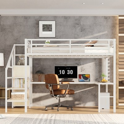 Racxily Loft Bed with L-shaped Desk and USB, Metal Loft Bed with Wardrobe and Adjustable Shelf, High Loft Bed with LED for Kids Teens Adults