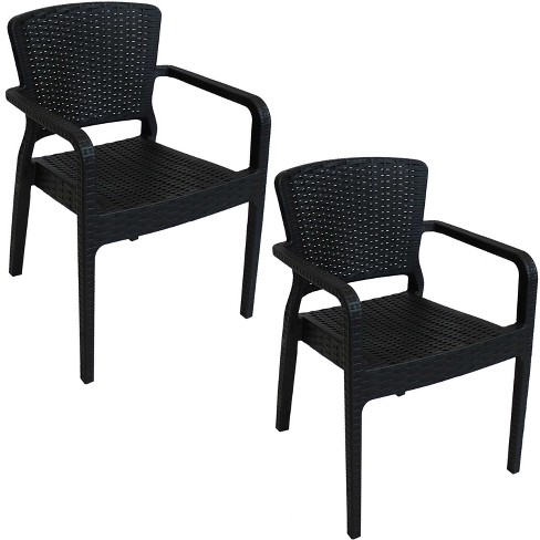 Sunnydaze Faux Wicker Rattan Design Plastic All Weather Commercial Grade Segonia Indoor Outdoor Patio Dining Arm Chair Black 2pk