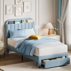 Twin Upholstered Bed Frame with Storage Drawers and Bookcase Headboard, Velvet Platform Bed for Kids/Girls/Boys - 1 of 4