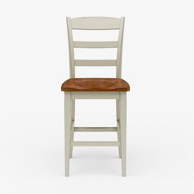 Antique White and Oak Wood Counter Stool with Slatted Back