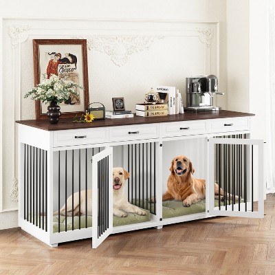 FUFU&GAGA 86.6" Large Dog Crate Furniture Wooden Dog Kennel with 4 Drawers