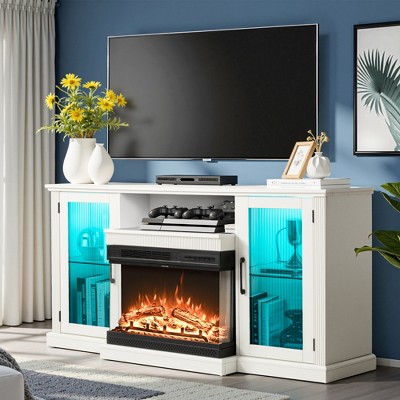 Glass Door TV Stand for TVs up to 73" with 36" Electric Fireplace Included