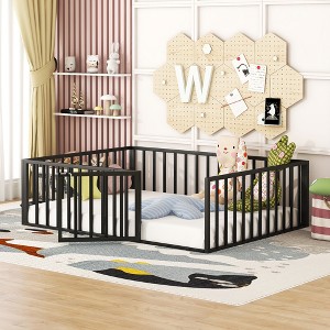 CAVINAS Kids Montessori Bed with Door,Versatile Metal Floor Bed with Fence,Twin/Full/Queen Size Toddler Bed for Bedroom Playroom,Black/White/Pink - 1 of 4