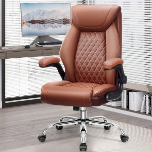 KERDOM Big and Tall Breathable Leather Office Chair with Lumbar Support Flip-Up Armrests, Dark Brown - 1 of 4